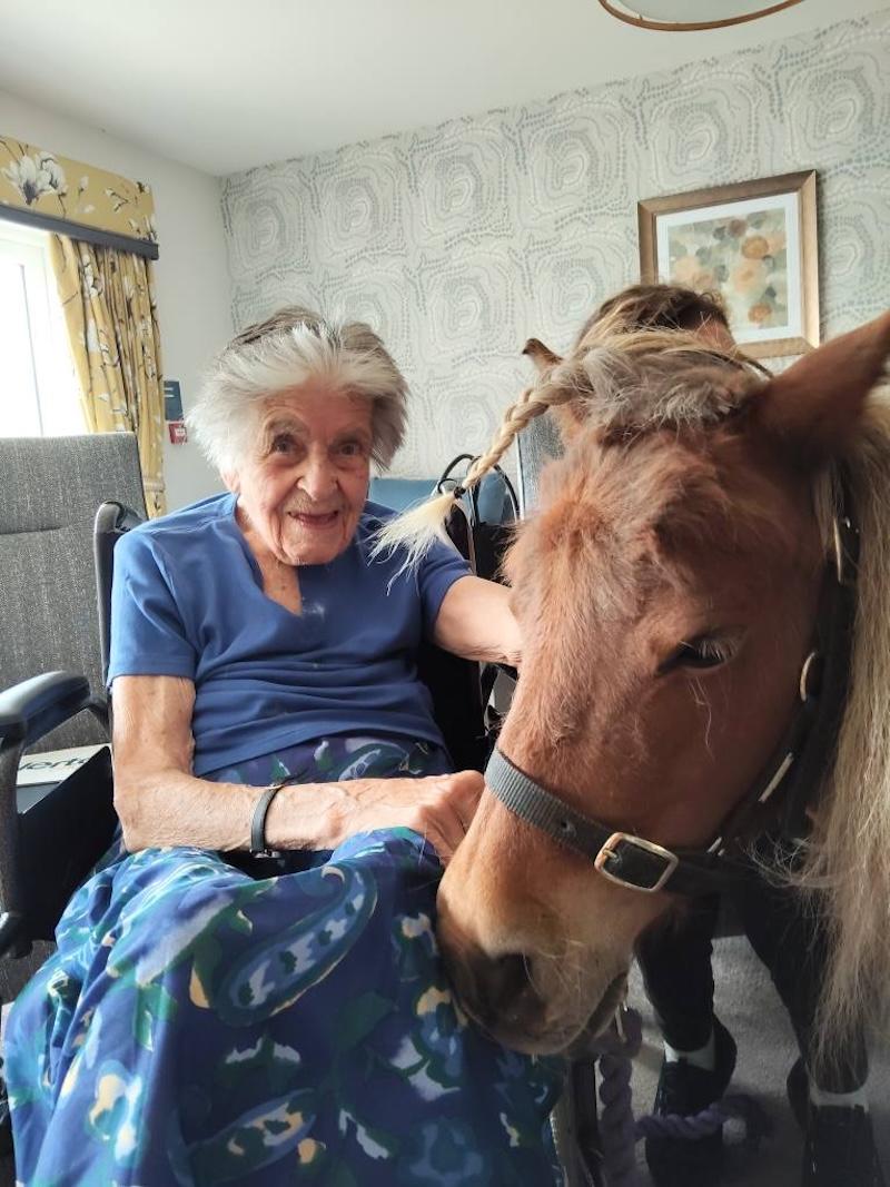 female resident wearing blue sat down stroking a therapy pony