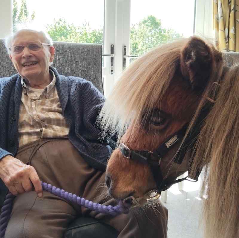 one of our male residents sat down smiling at a horse