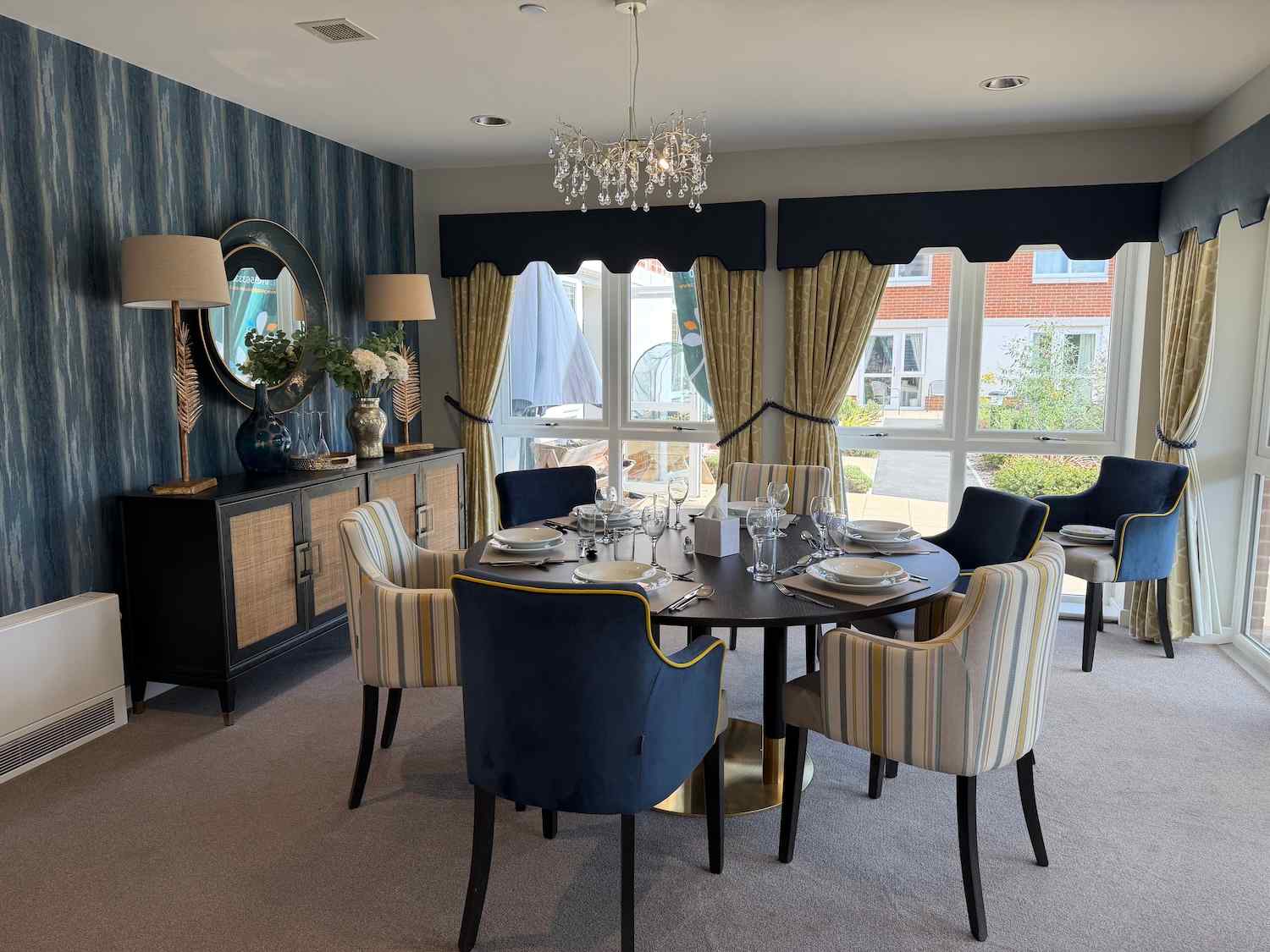 private dining room with blue and yellow design setup